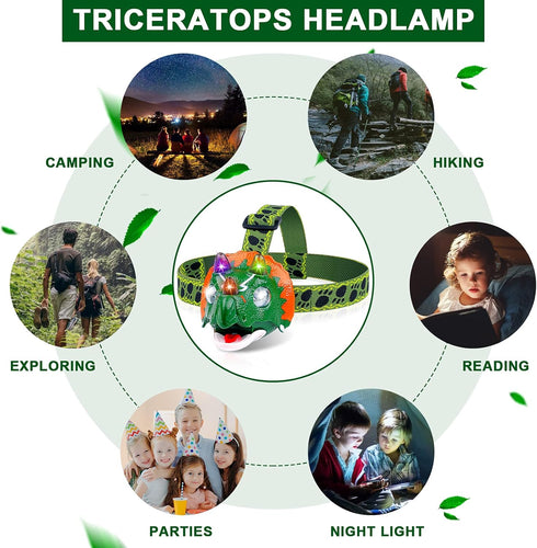 Triceratops LED Headlamp - Dinosaur Toy Flashlight for Kids Camping Gear, Ideal Gift for Boys, Girls, or Adults