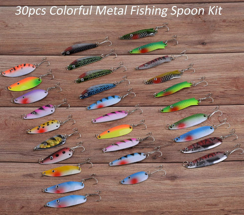 Fishing Spoons Lures Kit, 30pcs Hard Metal Colorful Spinner Baits for Bass Salmon Pike Walleye