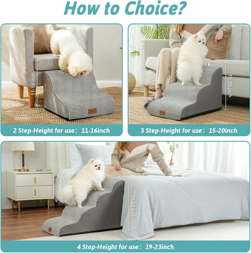 Dog Stairs for Couch or Low Bed, 3 Tiers Foam Pet Steps for Small Dogs, Non-Slip, White-Black, 15.7x22.4x15.7in