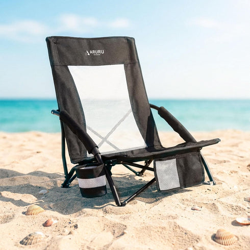 Low Folding Beach Chairs for Adults, Portable Lightweight Sling Beach Camping Chair with Cup Holder,Armrest,Foldable