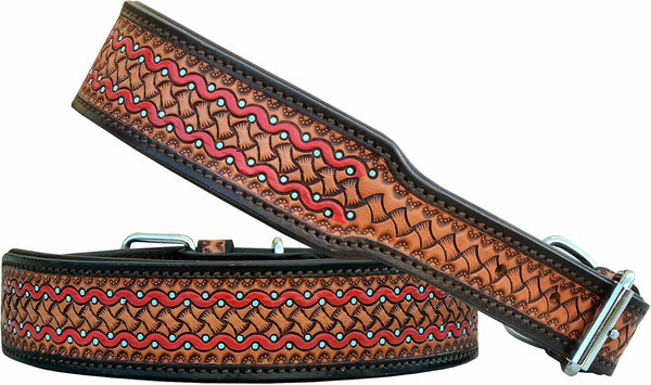 Leather Dog Collar Western Style Heavy Duty Hand Tooled Adjustable Padded Soft for Puppies and Big Dogs (10AB133-XS)