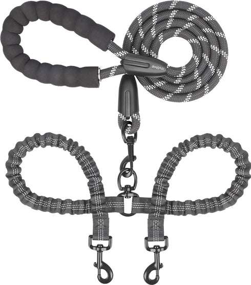 iYoShop Dual Dog Leash, 360 Swivel No Tangle Walking Leash, Shock Absorbing Bungee for Two Dogs, Black, Medium