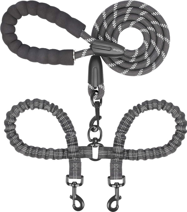 iYoShop Dual Dog Leash, 360 Swivel No Tangle Walking Leash, Shock Absorbing Bungee for Two Dogs, Black, Medium