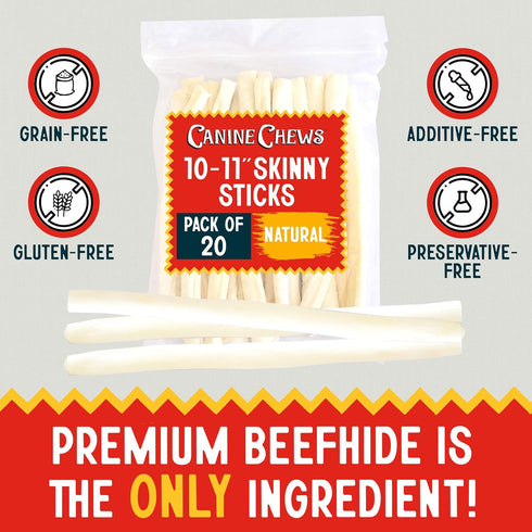 Canine Chews 10-11" Retriever Stick Rolls Rawhide for Dogs, 20 Pack of Skinny Sticks for Small Aggressive Chewers