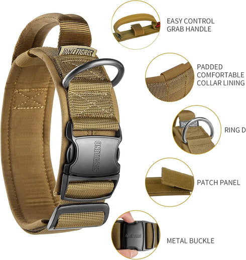 OneTigris Tough Tactical Dog Collar, Adjustable Military Collar with Handle, Large, Brown