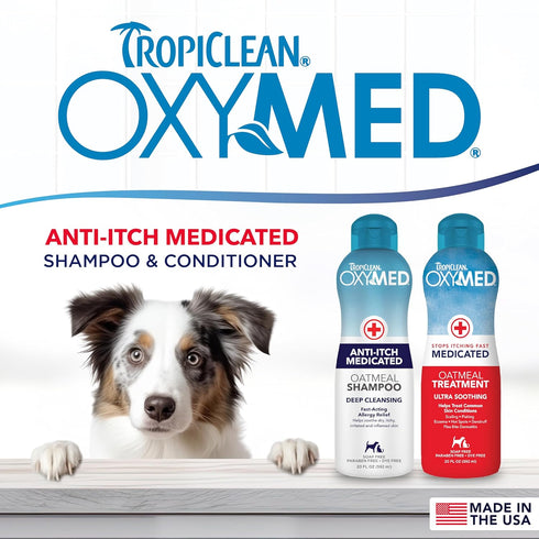 Set Set 2 TropiClean Oxymed Medicated Cat & Dog Shampoo and Conditioner for Itchy Skin, Skin Soothing Oatmeal Shampoo