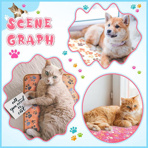 4 Pcs Pet Blanket Dog Puppy Blanket, White Paw Print Fleece Blanket for Small Medium Pets, Warm Soft Sleep Mat, Guinea