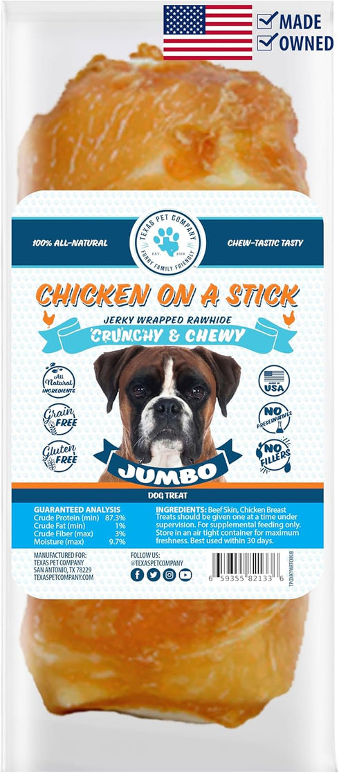 Chicken On A Stick Crunchy & Chewy Chicken Jerky Wrapped Rawhides for Dogs, Made in The USA, Jumbo Size