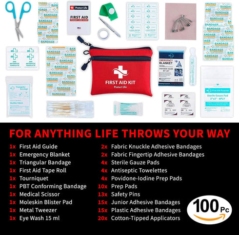 Protect Life First Aid Kit for Home/Business, HSA/FSA Eligible Emergency Kit, 100 Pieces for Travel and Camping