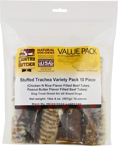 COUNTRY Pack, 10 Count THE BUTCHER Filled Beef Trachea Dog Treats, Glucosamine and Chondroitin for Joint Health