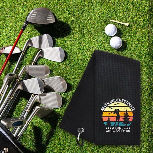 Hafhue Never Underestimate Embroidered Golf Towel - Gift for Women Golf Fans, Retirement Birthday