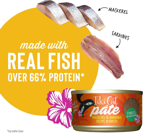 Tiki Cat Grill Pâté, Mackerel & Sardines, High-Protein Wet Cat Food for All Life Stages, 2.8 oz. Cans (Pack of 12)