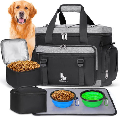 IGOLUMON Large Dog Travel Bag Set, Multi-Pockets Tote Organizer with 2 Food Containers and Bowls