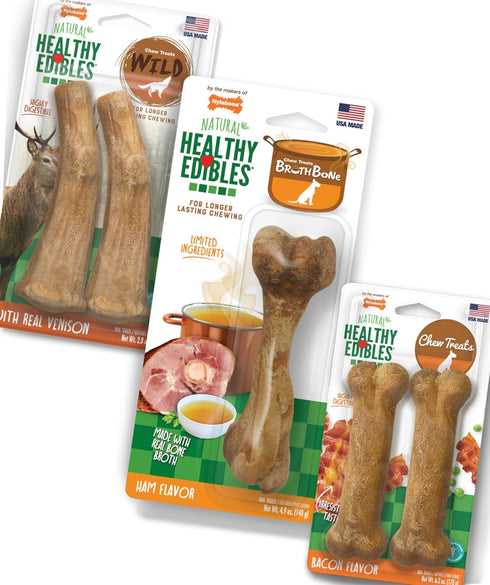 Nylabone Healthy Edibles Natural Dog Chews, Long Lasting Ham, Bacon, & Venison Flavor Treats for Dogs, Medium (5 Count)