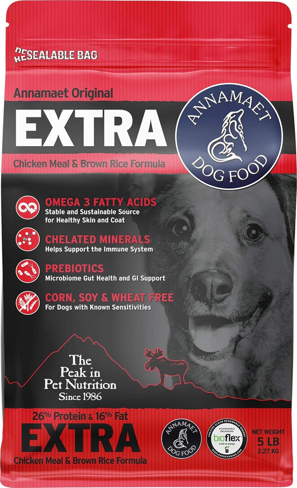 Annamaet Original Extra Formula Dry Dog Food, 5 lb Bag, 26% Protein (Chicken & Brown Rice)
