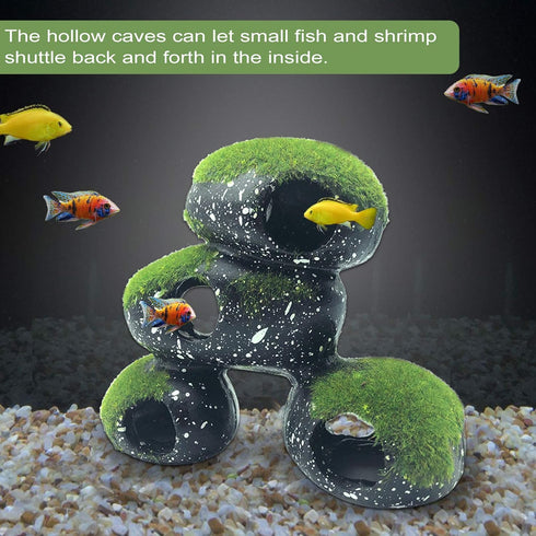 PINVNBY Stone Aquarium Hideaway Decoration, Cichlids Rock Decor with Moss, Betta Cave Tunnel Ornament (L)