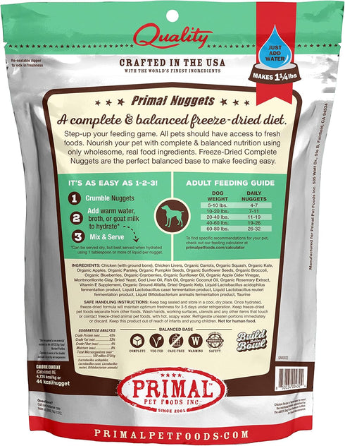 Primal Freeze Dried Dog Food Nuggets, Chicken; Complete Balanced Meal, Topper or Treat; 14 oz
