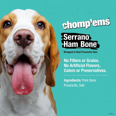 Ruffin' It Chomp'ems Serrano Ham Bone Wrapped with Prosciutto, 1 Pack, Healthy Protein Rich Treats