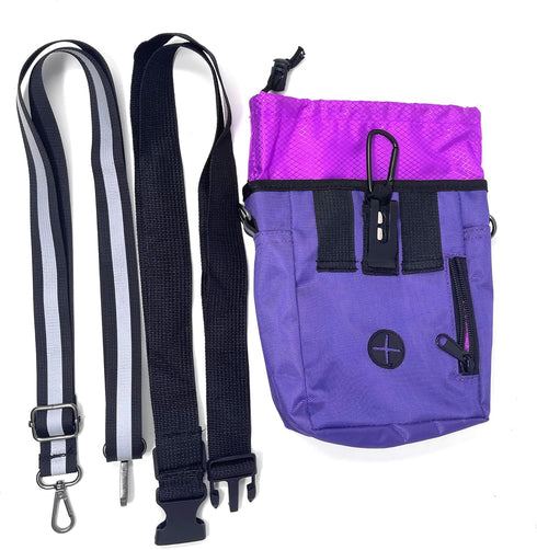 Jalousie Dog Training Pouch with Training Clicker and Water Bowl - 5 Ways to Wear - Carry Toys, Treats for Positive Reinforcement - Built-in Poop Bag Dispenser (Purple)