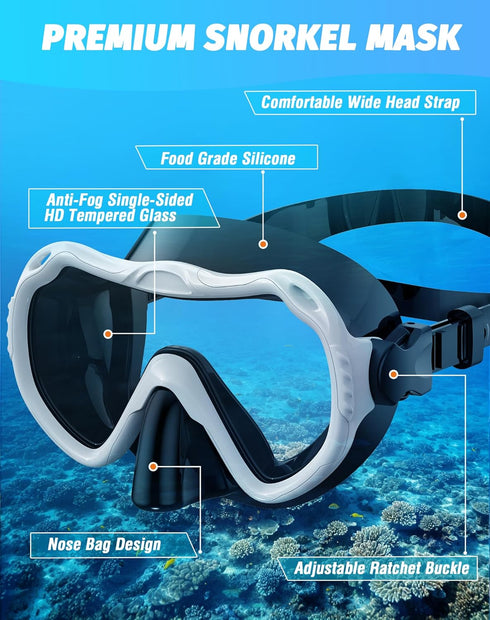 Snorkeling Gear for Adults, 180° Panoramic View Snorkel Mask Set, 100% Food-Grade Silicone Anti-Fog Diving Mask