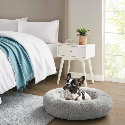 Friends Forever Serena Donut Memory Foam Orthopedic Dog Bed, Soft Faux Fur Oval Couch for Indoor Pets, Grey