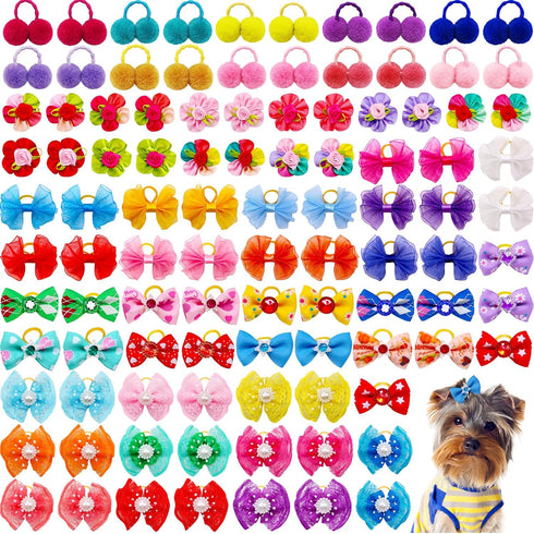 100pcs Dog Hair Bows, Bulk Cute Puppy Pet Small Dog Hair Bows with Rubber Bands for Grooming Accessories