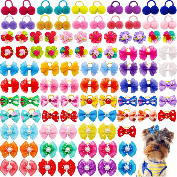 100pcs Dog Hair Bows, Bulk Cute Puppy Pet Small Dog Hair Bows with Rubber Bands for Grooming Accessories