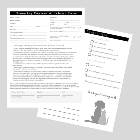 Pet Grooming Intake Forms, Consent & Release, Matted Coat Clip-Off Agreement, Pet Report Card | 50 pk, 8.5x11”