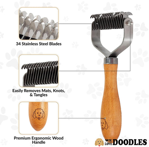 Pet Dematting Comb for Dogs and Cats - Wooden Handle Deshedding Rake for All Hair Types