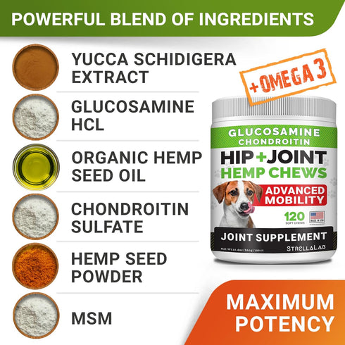 120 Advanced Hemp + Glucosamine Dog Joint Supplement - Hip Joint Pain Relief - Mobility Chews for Dogs - Chondroitin