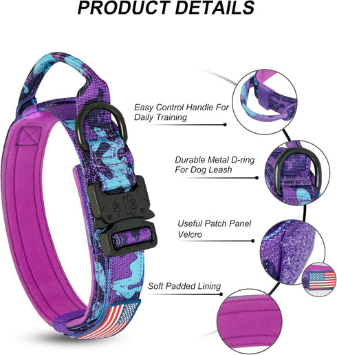 Hotsky Tactical Dog Collar, Adjustable Military Nylon Airtag Collar with Handle and Heavy Duty Metal Buckle for Medium