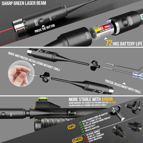 Tool-Free Laser Bore Sight Kit: Green Laser Bore Sighter with 64 Upgraded Adapters fit 0.17 to 12 GA Calibers |