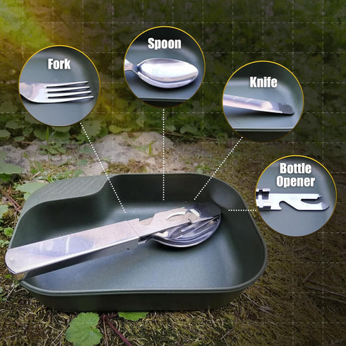 M-Tac 4 in 1 Camping Military Flatware Set - Stainless Steel Travel Cutlery Tools - Portable Folding Spoon Knife Fork Bottle Can Opener by M-Tac