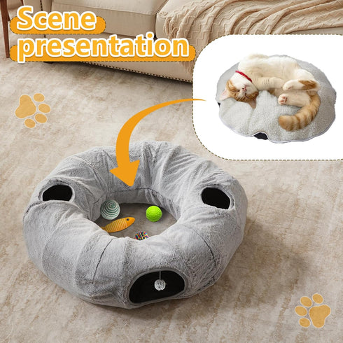 Cat Tunnel Bed for Indoor Cats - Cute Cat Donut Tunnel with Washable Circle Cushion, Round Pet Play Tunnel Toy
