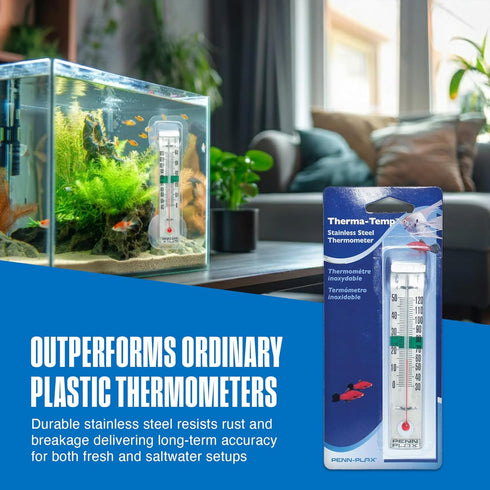 4.25 Inches Penn-Plax Therma-Temp Stainless Steel Thermometer - Accurate Aquarium Thermometer - Easy to Read - Dual