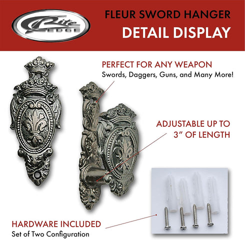 SZCO Fleur Shield Sword Hanger Wall Mount – Set of 2 Expandable Display Hooks for Swords & Guns, Antique-Style Wall