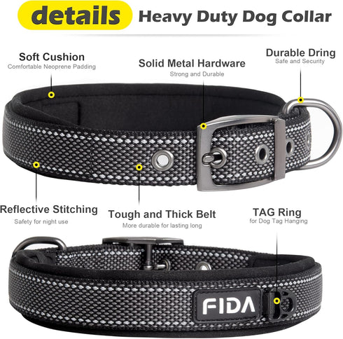 Fida Heavy Duty Dog Collar, Ultra Comfortable Soft Neoprene Padded, Adjustable Reflective Nylon Collar for Medium