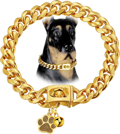 Cuban Link Dog Chain Collar, 12mm with Secure Snap, Bell & Dog Tag, Stainless Steel 18K Gold for Puppy, Small, Medium,