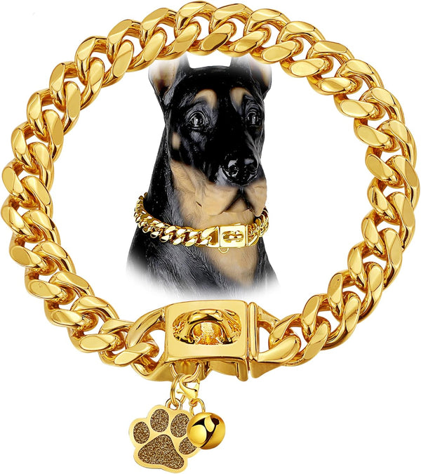 Cuban Link Dog Chain Collar, 12mm with Secure Snap, Bell & Dog Tag, Stainless Steel 18K Gold for Puppy, Small, Medium,