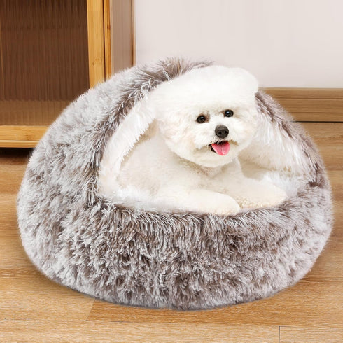 NOYAL Dog Bed Round Hooded Plush Cat Cave, Anti-Anxiety Fluffy Bed for Small Medium Dogs and Cats