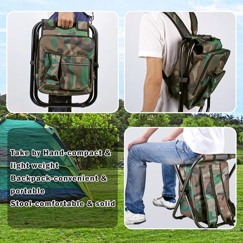 Kikerike Folding Stool Backpack Cooler Bag, Insulated Camping Chair with Front Pocket for Outdoor Events