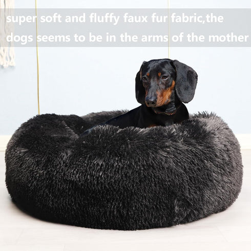 Washable Calming Dog Bed for Medium Dogs, 28 Inch Black Fluffy Anti-Anxiety Faux Fur Round Pet Bed
