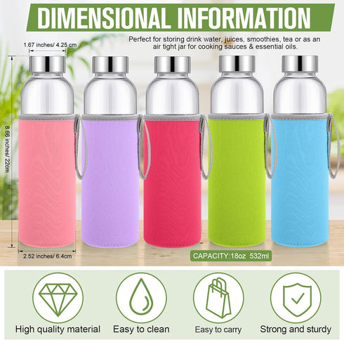 Vesici 12 Set 18 oz Clear Glass Water Bottles, Reusable Juicing Bottles with Protection Sleeve and Leak Proof Lids
