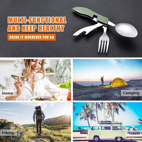 HIKENTURE Camping Utensils 2 Pack - 4-In-1 Stainless Steel Spoon Fork Knife Set for Backpacking Travel