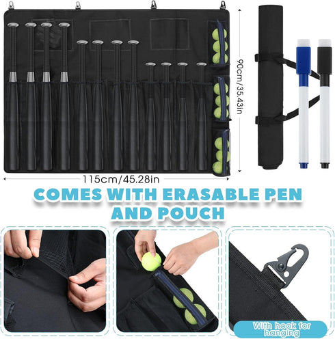 Woanger 15 Player Dugout Organizer and 12 Bats Hanging Bag, Baseball Helmet Holder with Black and Blue Dry Erase Marker