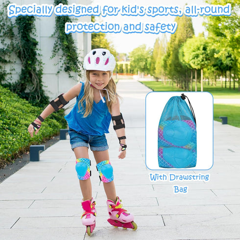 Knee Pads for Kids - Adjustable Protective Gear Set with Mesh Bag, Knee Pads and Elbow Pads for Girls 3-8 Years