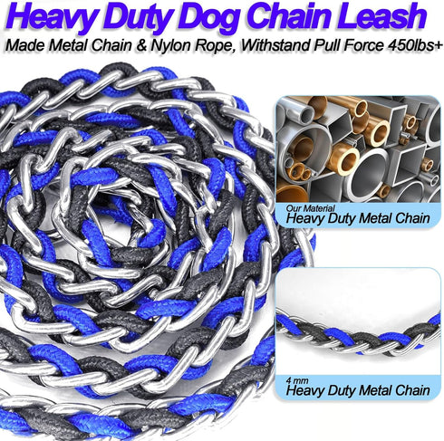 Dog Leash Rope Chain, Nylon Rope Metal Chain for Pet Leads. 6ft Heavy Duty Chew Proof Training Walking for Medium Large Dogs. (Large, Blue&Black)