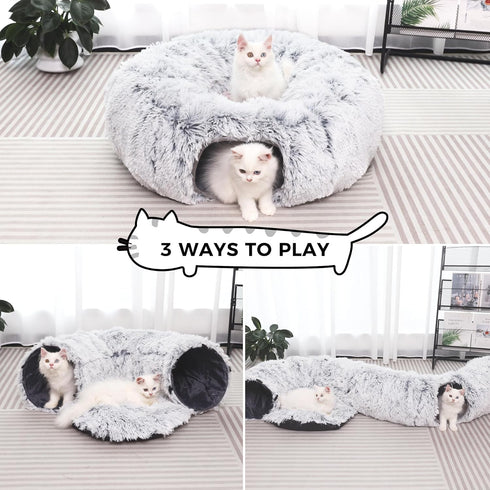 Plush Cat Tunnel with Cat Bed for Indoor Cats, Multifunctional Donut Tunnel for Small Medium Large Cats, Kittens,