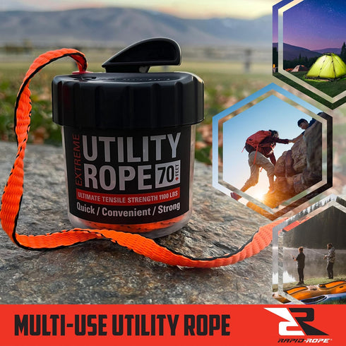 Rapid Rope Canister 70ft - Orange Flat Tactical Paracord, 1100lb Tested Heavy Duty Poly Rope with Non-Tangle Dispenser
