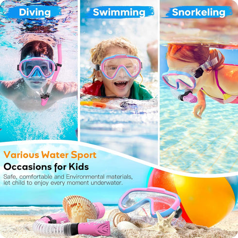 Kids Snorkel Set, Dry Top Snorkel Mask for Children, Anti-Fog Panoramic View Diving Gear with Carry Bag for Youth